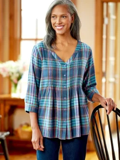 Pintuck Plaid Brushed-Cotton Tunic Top