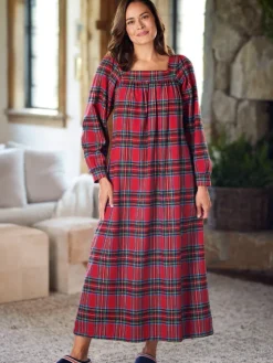 Plaid Cotton Flannel Square-Neck Nightgown