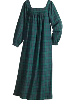 Plaid Cotton Flannel Square-Neck Nightgown