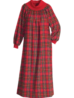 Portuguese Plaid Cotton Flannel Mock-Neck Nightgown