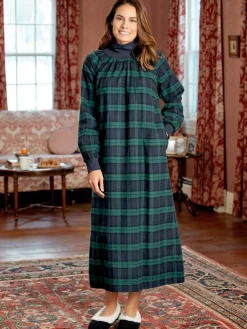 Portuguese Plaid Cotton Flannel Mock-Neck Nightgown