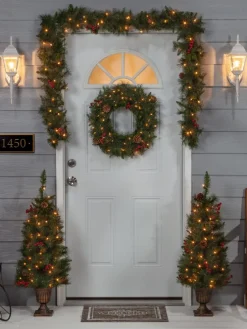 Pre-Lit Jefferson Artificial Pine Holiday Decoration Set, 4 Piece Set