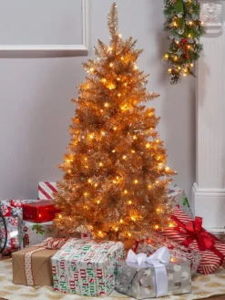 Pre-Lit Rose Gold Tinsel Christmas Tree, In 2 Sizes