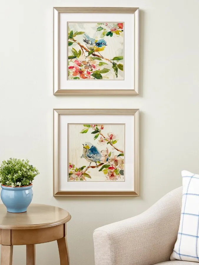 Pretty Birds and Fresh Blossoms Art Print, Set of 2