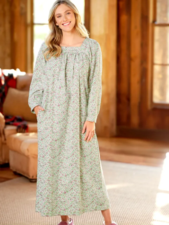 Printed Portuguese Cotton Flannel Square-Neck Nightgown