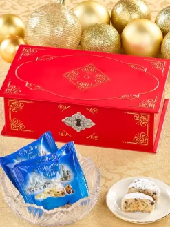Red Filigree Tin With German Stollen Bites