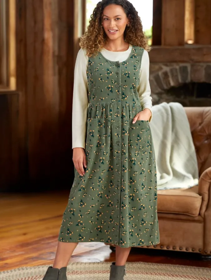Sage Floral Button-Front Cotton Corduroy Jumper