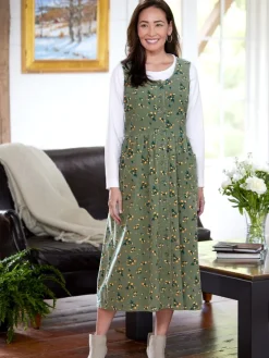 Sage Floral Button-Front Cotton Corduroy Jumper