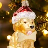 Santa Hat Puppy Blown-Glass Christmas Ornament