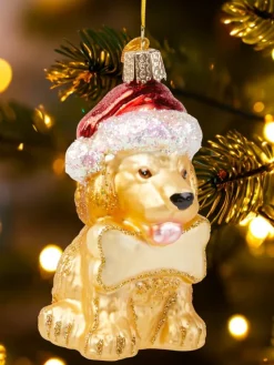 Santa Hat Puppy Blown-Glass Christmas Ornament