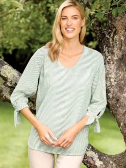 Seersucker Tunic Top With Tie Cuffs