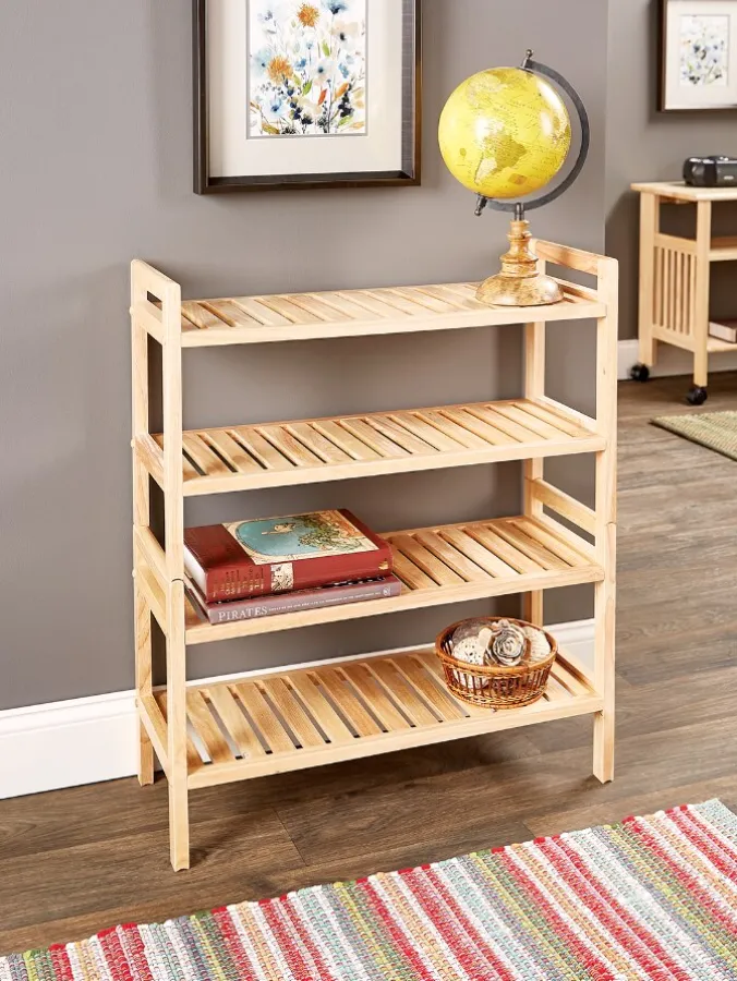 Slatted Wood Stackable Double Shelf, Set of 2