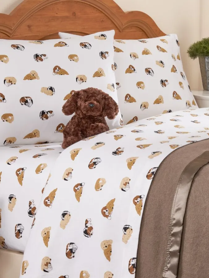 Snuggling Puppies Portuguese Cotton Flannel Sheet Set