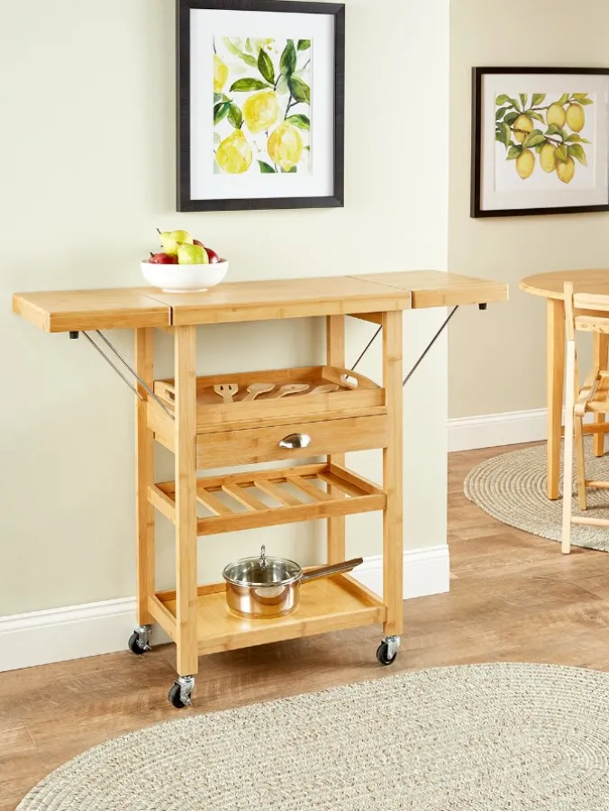 Solid Bamboo Drop-Leaf Utility Cart