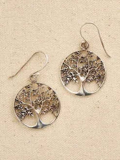 Sterling Silver Round Oak Tree Drop Earrings