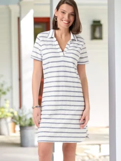 Striped Cotton Knit Popover Dress With Short Sleeves