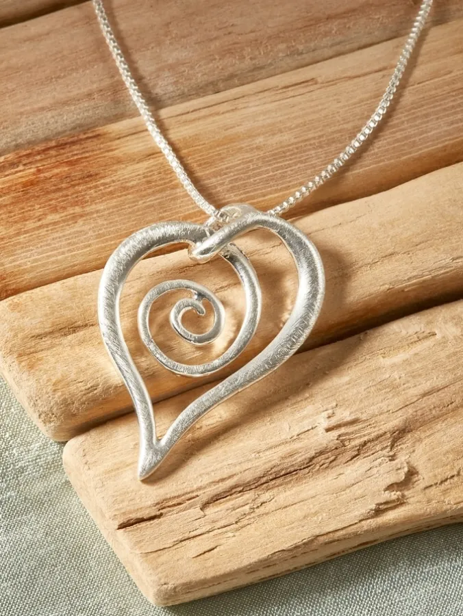 Swirling Heart Double-Sided Silver Pendant Necklace