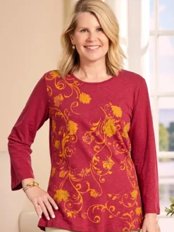 Swirling Leaves Embroidered Cotton Top With 3/4 Sleeves