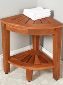 17.5" Teak Wood Corner Shower Stool With Shelf