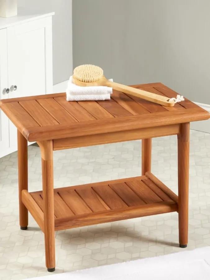 Teak Wood Shower Bench With Shelf, 24 Inch