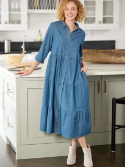 Tiered Chambray Midi Dress