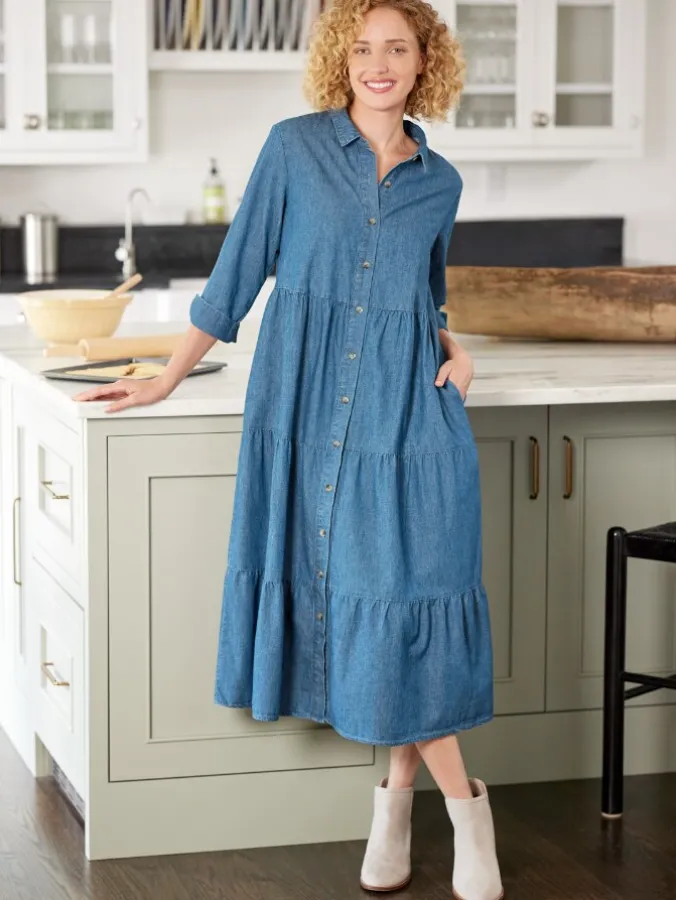 Tiered Chambray Midi Dress