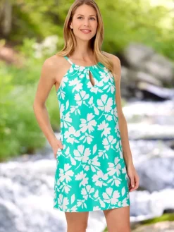 Tropical High-Neck Swim Cover Up Dress With Built-In Bra