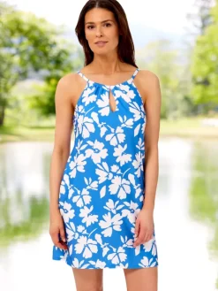 Tropical High-Neck Swim Cover Up Dress With Built-In Bra