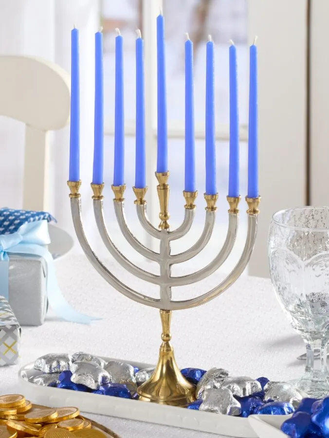 Two-Tone Brass and Nickel Hanukkah Menorah