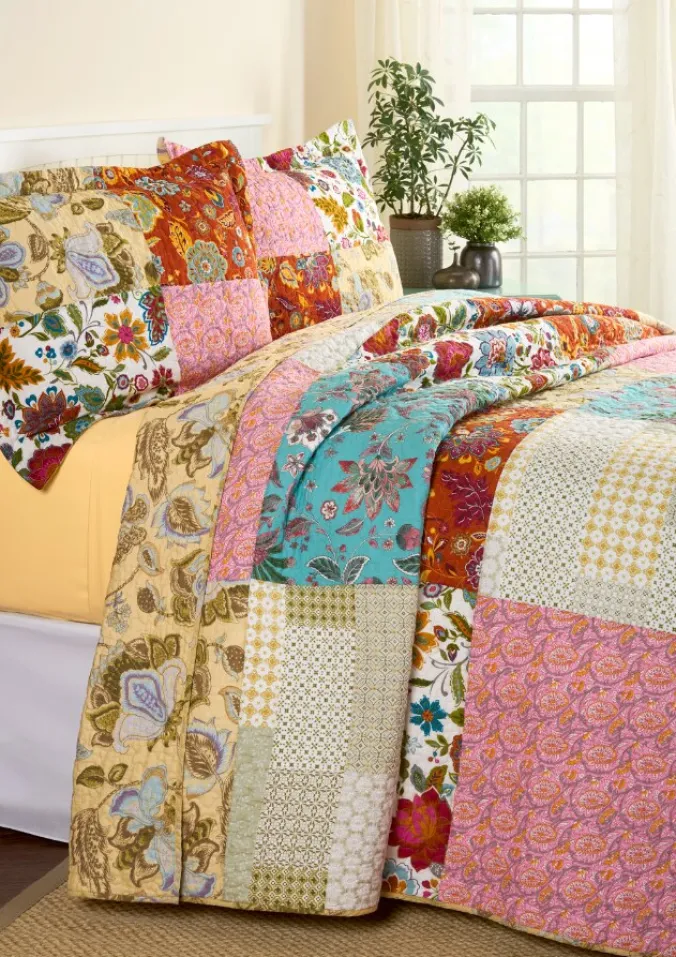 Vibrant Blooms Cotton Quilted Bedspread or Pillow Sham