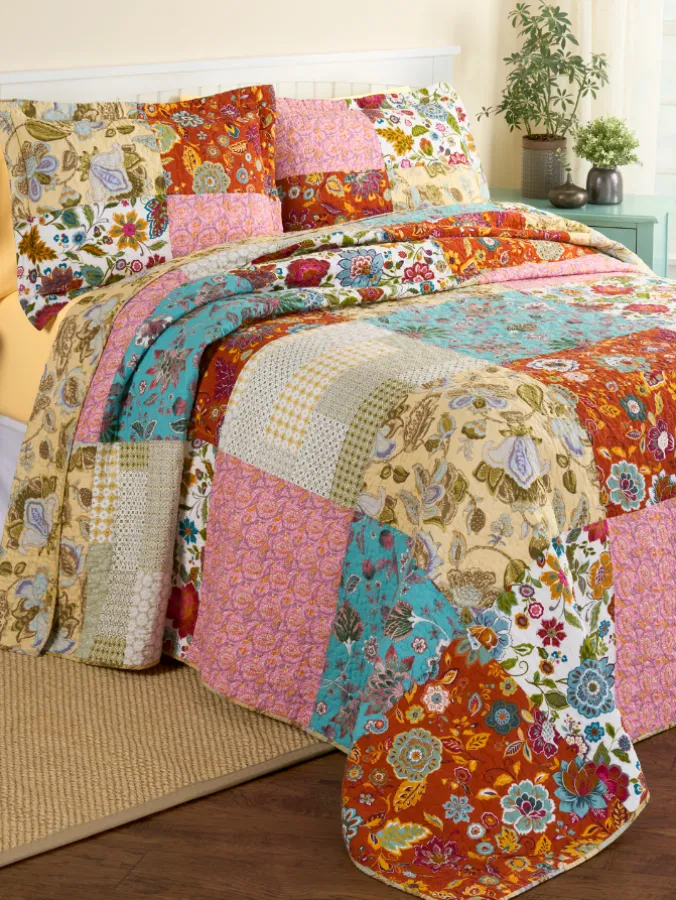 Vibrant Blooms Cotton Quilted Bedspread or Pillow Sham