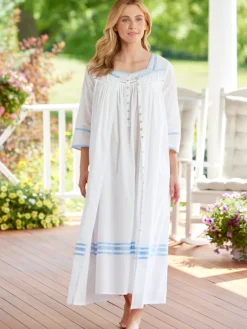 White with Blue Piping Eileen West Summer Breeze Cotton Robe