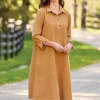 Wide-Wale Corduroy A-Line Dress With 3/4 Sleeves
