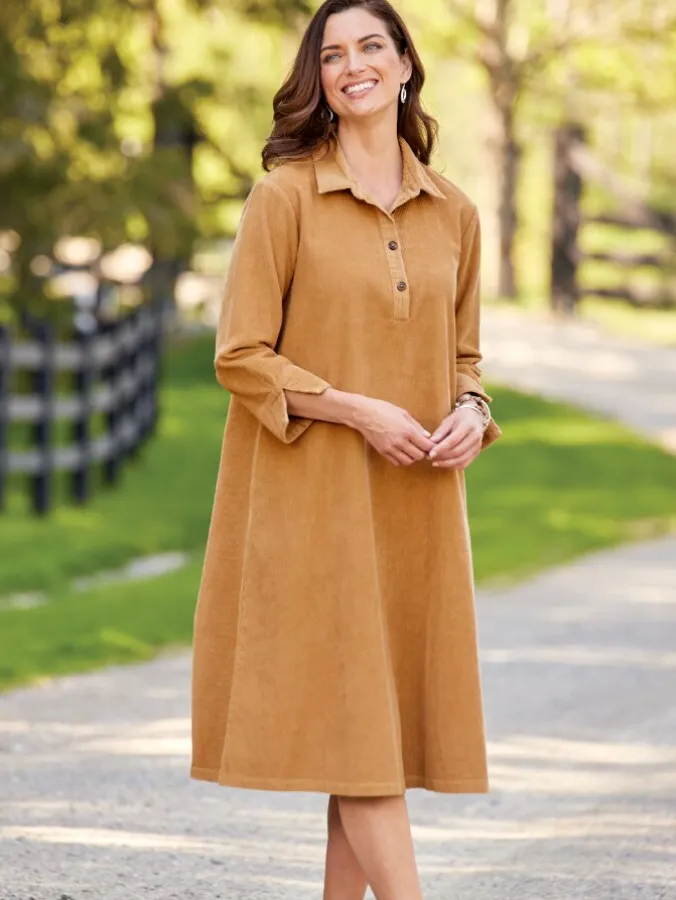 Wide-Wale Corduroy A-Line Dress With 3/4 Sleeves