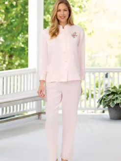 Women's Brushed-Back-Satin Embroidered Pajama Set