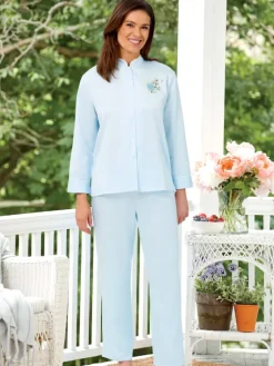 Women's Brushed-Back-Satin Embroidered Pajama Set