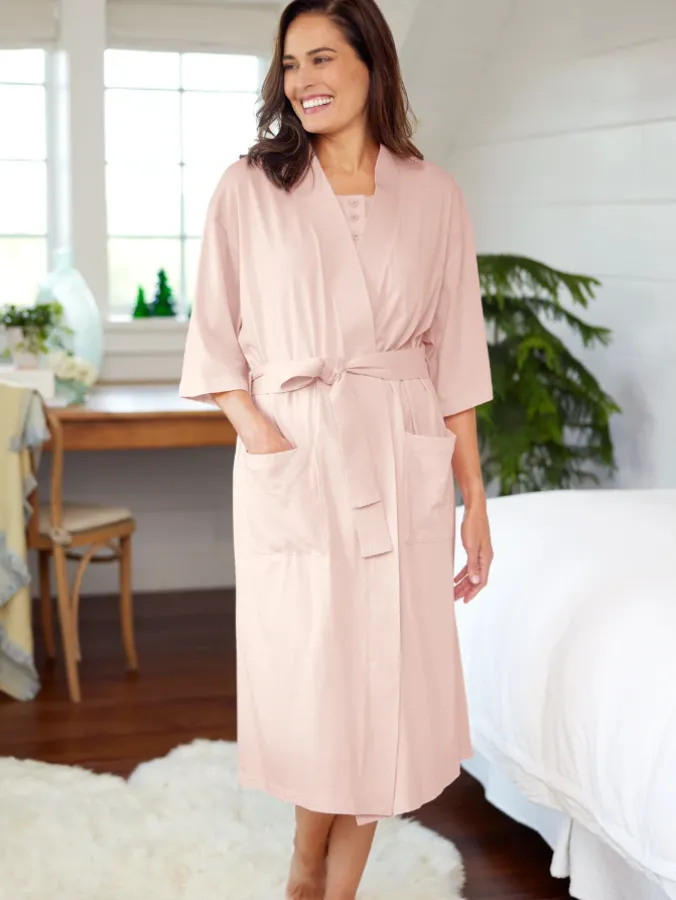 Women's Comfort Knit Solid Pink Cotton Wrap Robe