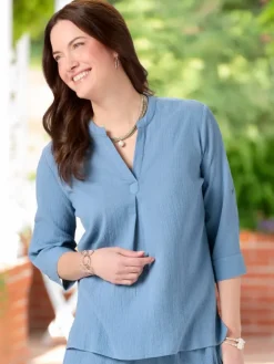 Women's Cotton Gauze Roll-Up Sleeve Tunic Top