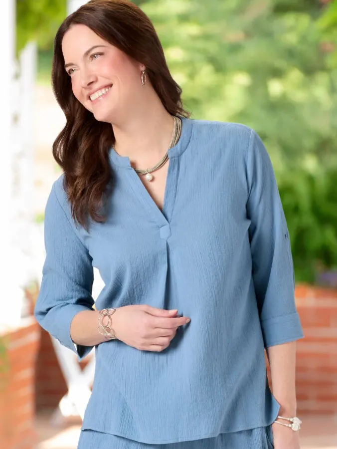 Women's Cotton Gauze Roll-Up Sleeve Tunic Top