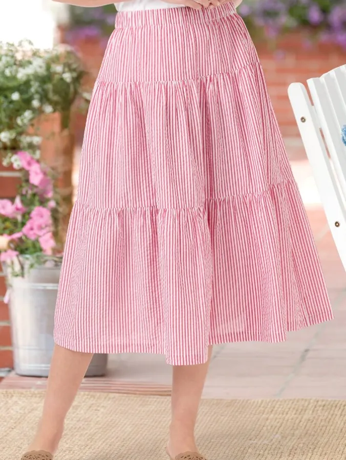Women's Cotton Seersucker Tiered Midi Skirt