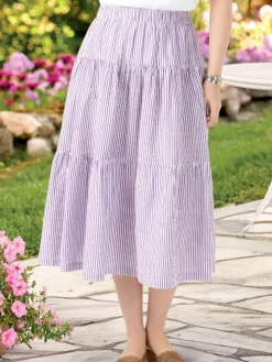 Women's Cotton Seersucker Tiered Midi Skirt