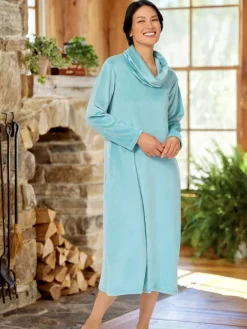 Women's Cowl-Neck Velour Nightgown and Lounge Dress