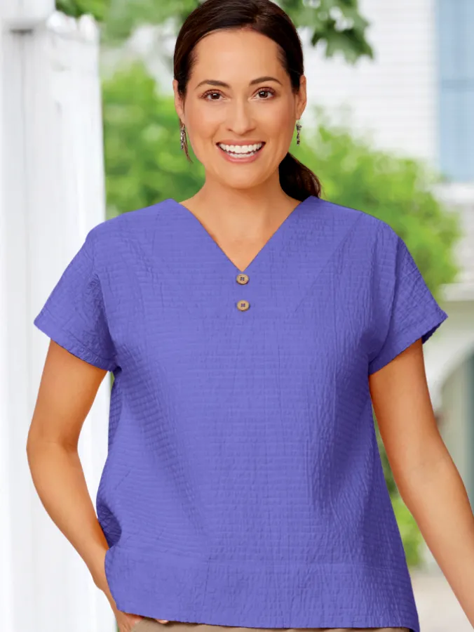 Women's Crinkle Cotton Double V-Neck Short-Sleeve Top
