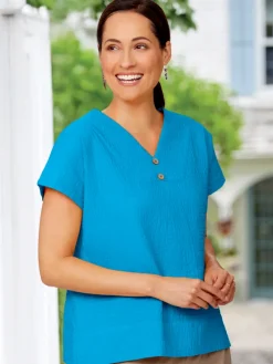 Women's Crinkle Cotton Double V-Neck Short-Sleeve Top