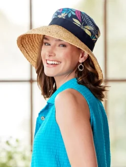 Women's Floral Denim and Raffia Cloche With Bow