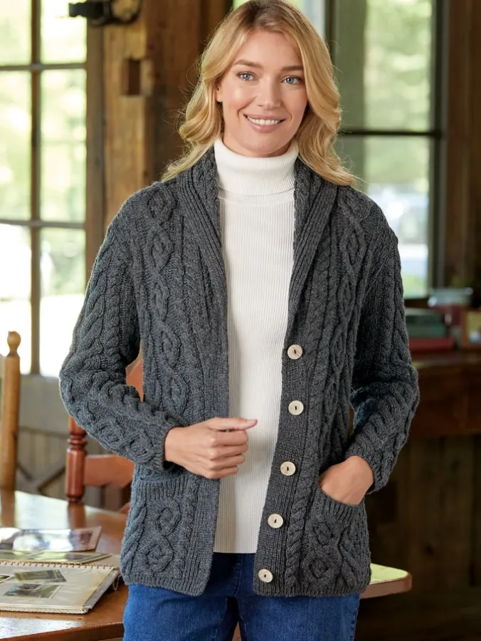 Women's Irish Supersoft Wool Shawl-Collar Cardigan