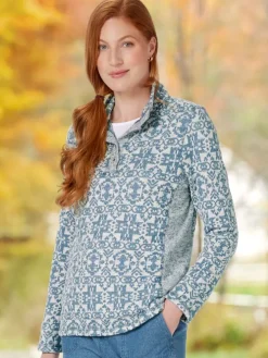 Women's Jacquard Button-Up Mock-Neck Terry Pullover
