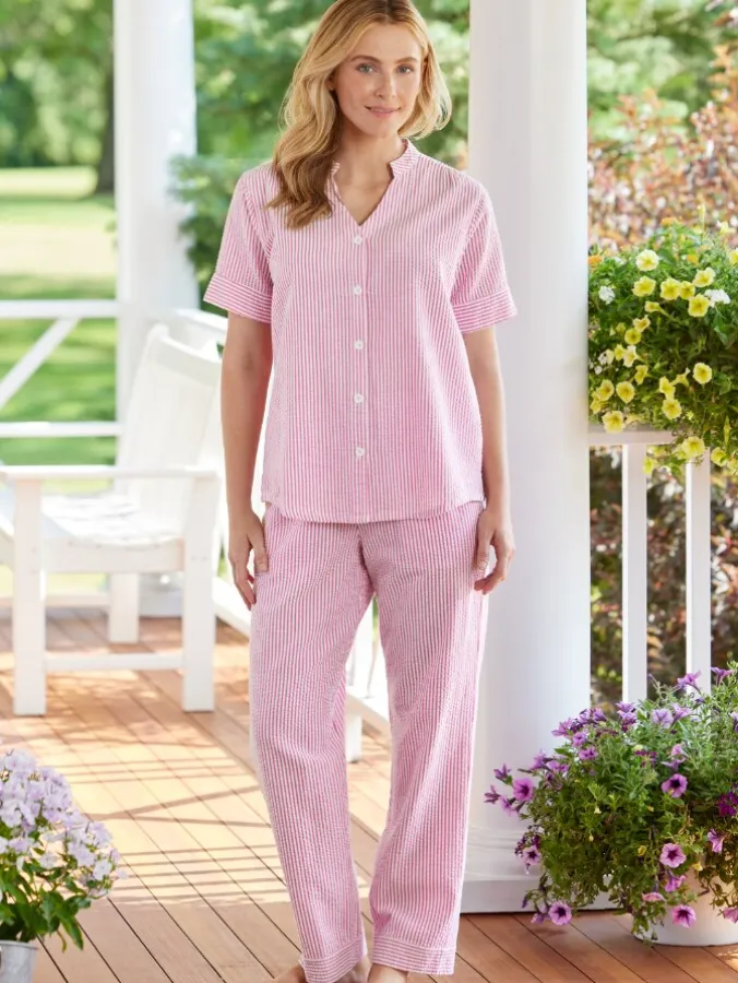 Women's Lightweight Cotton Seersucker Short-Sleeve Pajama Set