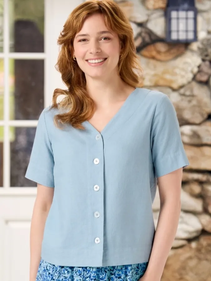 Women’s Linen-Blend V-Neck Short-Sleeve Top