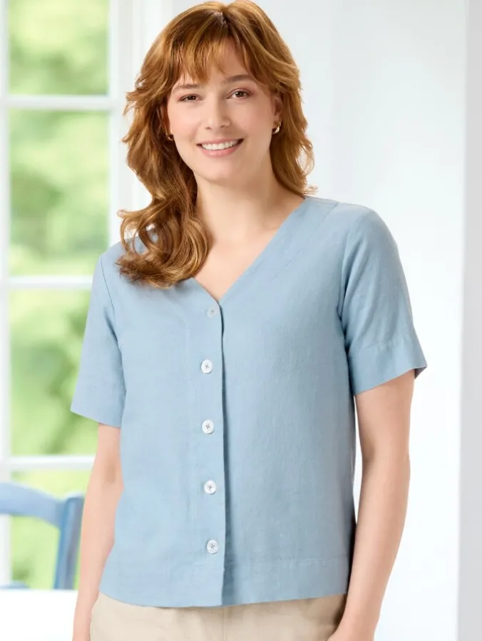 Women’s Linen-Blend V-Neck Short-Sleeve Top